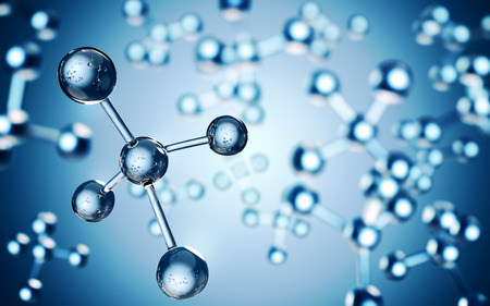 Glass Molecule Blue Science Background with DOF effect. Scientific 3D Illustration.の写真素材