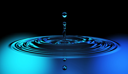 Water Surface Drop Splash in Blue Light on Black Background. 3D Illustration.の写真素材