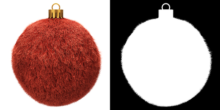 Red Christmas Fur Ball Isolated on White Background. Alpha Mask Attached.3D Illustration.の写真素材