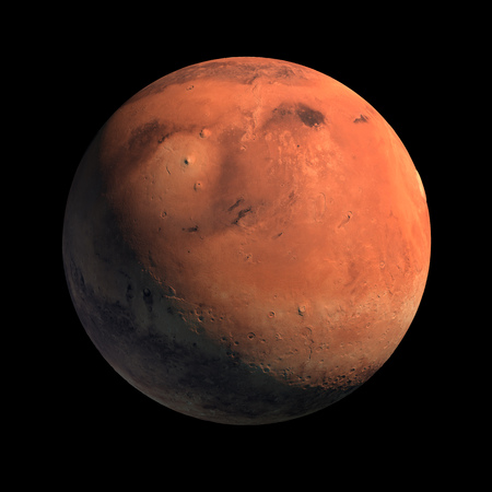 Mars Planet Isolated with Sunlight Illumination on Black Background. 3D Illustration.の写真素材