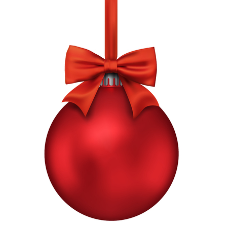Red Christmas Decoration Ball Isolated. Christmas Bauble Hanging on Red Ribbon with Bow. Vector Illustration.のイラスト素材