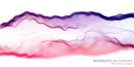 Colorful Pink and Violet Wavy Particle Surface on White Background. Technology or Science Banner.のイラスト素材