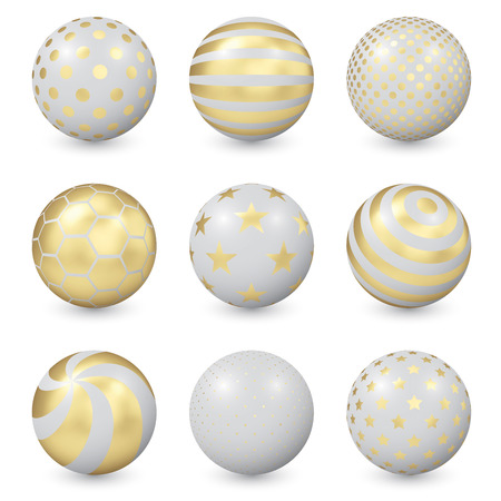 White Abstract Balls with Different Gold Spherical Patterns. Glossy Decoration Spheres Isolated on White Background. Round Design Elements. Vector Illustration.のイラスト素材