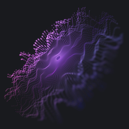 Violet Wavy Particle Disc Surface on Black Background. Technology or Science Banner. Particles with DOF Effect. EPS10 Vector Illustration.のイラスト素材