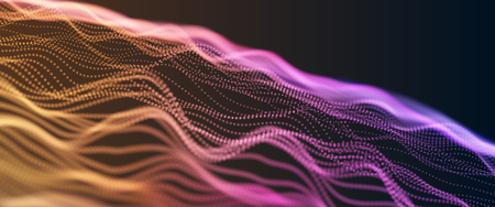 Colorful Orange and Violet Wavy Particle Surface on Black Background. Technology or Science Banner. Particles with DOF Effect. EPS10 Vector Illustration.のイラスト素材