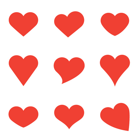 Red Heart Shapes on White Background. Love symbols. Flat Heart Silhouettes Vector. Design Elements Set.のイラスト素材