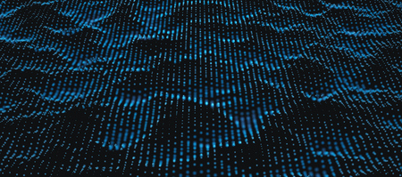 Blue Wavy Particle Dots Surface on Black Background. Abstract Technology or Science Banner. Cyber Space Background. Particles with DOF Effect. EPS10 Vector Illustration.のイラスト素材