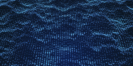 Blue Wavy Particle Dots Surface on Black Background. Abstract Technology or Science Banner. Cyber Space Background. Particles with DOF Effect. EPS10 Vector Illustration.のイラスト素材