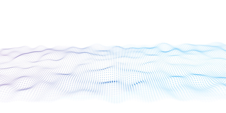 Purple and Blue Wavy Particle Surface on White Background. Technology or Science Banner. Particles with DOF Effect. EPS10 Vector Illustration.のイラスト素材