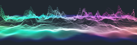 Colorful Green and Purple Wavy Particle Surface on Black Background. Technology or Science Banner. Particles with DOF Effect. EPS10 Vector Illustration.のイラスト素材