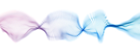 Purple and Blue Twisted Wavy Particles on White Background. Technology or Science Banner. Particles with DOF Effect. EPS10 Vector Illustration.のイラスト素材
