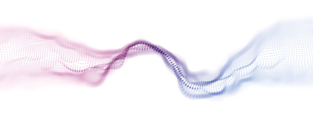 Purple and Blue Twisted Wavy Particle Wave on White Background. Technology or Science Banner. Particles with DOF Effect. EPS10 Vector Illustration.のイラスト素材