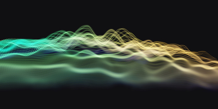 Colorful Green and Yellow Wavy Particle Surface on Black Background. Technology or Science Banner. Particles with DOF Effect. EPS10 Vector Illustration.のイラスト素材