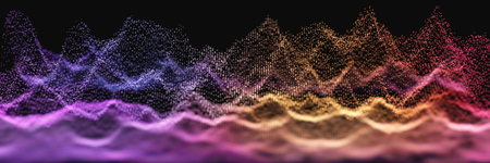 Colorful Landscape Particle Surface on Black Background. Abstract Technology or Science Banner. Particles with DOF Effect. EPS10 Vector Illustration.のイラスト素材