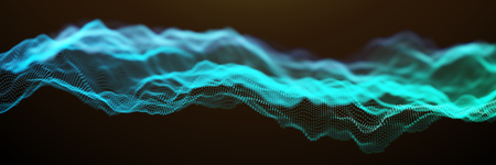 Blue and Green Wavy Particle Surface on Black Background. Abstract Technology or Science Banner. Cyber Space Background. Particles with DOF Effect. EPS10 Vector Illustration.のイラスト素材