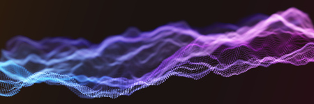 Blue and Purple Wavy Particle Surface on Black Background. Abstract Technology or Science Banner. Cyber Space Background. Particles with DOF Effect. EPS10 Vector Illustration.のイラスト素材