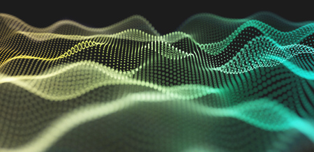 Colorful Yellow and Cyan Wavy Particle Surface on Black Background. Technology or Science Banner. Particles with DOF Effect. EPS10 Vector Illustration.のイラスト素材