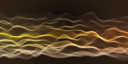 Yellow Wavy Particle Surface on Black Background. Abstract Technology or Science Banner. Cyber Space Background. Particles with DOF Effect. EPS10 Vector Illustration.のイラスト素材