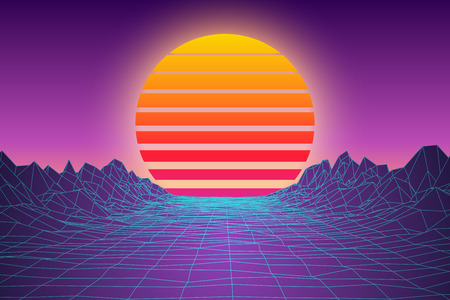 Abstract Sunset Landscape Digital 80s Game Style Background. Retro Virtual Space Terrain Backdrop. Vector Illustration.のイラスト素材