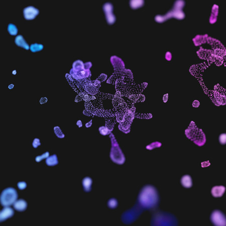 Molecular Particles Futuristic Design with DOF Effect. Molecule Shapes Background. Abstract Purple and Blue Science Background Design Element. Shi-Fi Vector Illustration.のイラスト素材