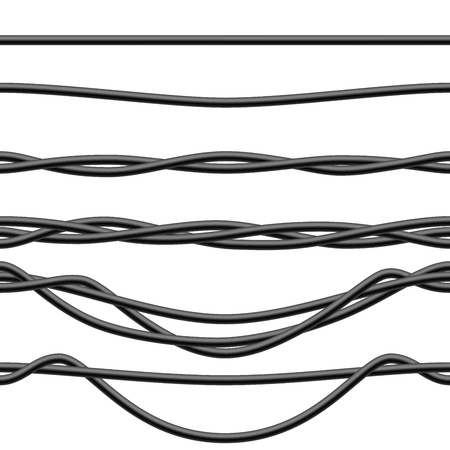 Seamless Black Electric Cables Isolated on White Background. Power Line Wires Template. Vector Illustration.のイラスト素材