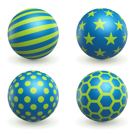 Green and Blue Textured 3D Spheres Set Isolated on White Background. Ball with Pattern Icons Collection. Round Design Element. Vector Illustration.のイラスト素材