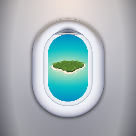Passenger Plane Window with View on the Tropical Island Vector Illustration. Standard Aircraft Viewport with White Copy Space.のイラスト素材