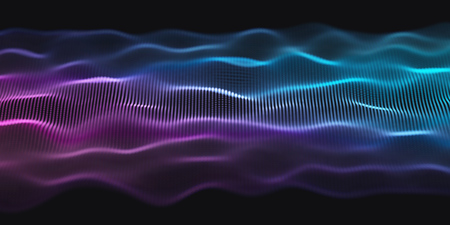 Blue and Purple Wavy Particle Surface on Black Background. Abstract Technology or Science Banner. Cyber Space Background. Particles with DOF Effect. EPS10 Vector Illustration.のイラスト素材