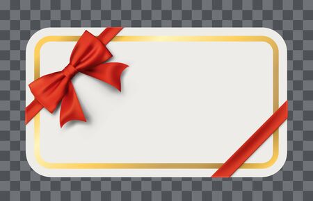 Blank Gift Card with Gold Frame and Red Bow Vector Template. Present Card with Rounded Corners. のイラスト素材