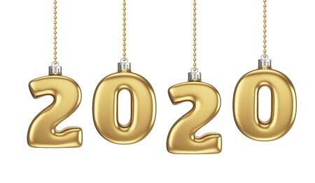 New 2020 Year Gold Baubles Isolated on White Background. New Year Decoration. 3D Illustration.の写真素材