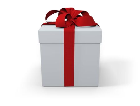 White Present Box with Red Ribbon and Bow Isolated on White Background. 3D Illustration.の写真素材
