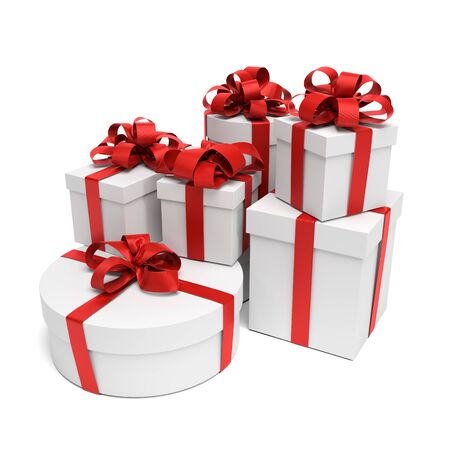 White Present Boxes with Red Ribbons and Bows Isolated on White Background. Cristmas Gift. 3D Illustration.の写真素材