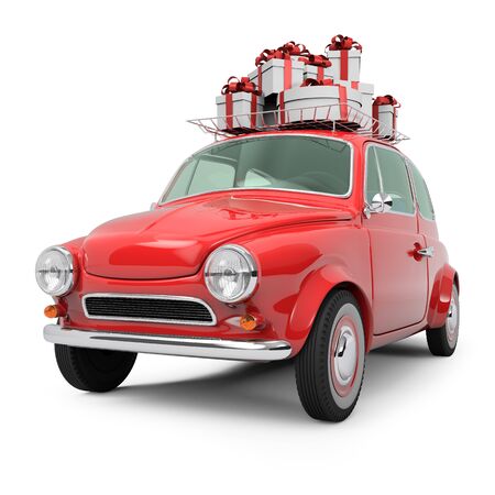Small Retro Red Car with Present Boxes on Top Isolated on White Background. Cristmas Gifts Concept Image. 3D Illustration.の写真素材