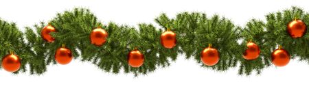Fir Tree Green Branches with Red Decoration Balls Christmas Banner with White Background. 3D Illustration.の写真素材