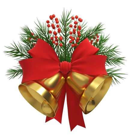 Gold Christmas Bells with Green Fir Tree Branches, Red Bow and Berries Isolated on White Background. Winter Holidays Decoration. 3D Illustration.の写真素材