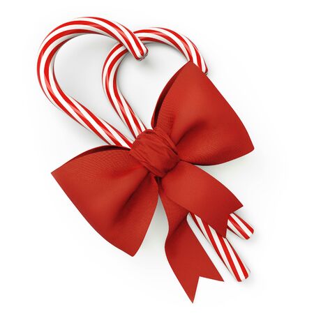 Red and White Candy Canes with Red Bow on White Background. Christmas Decoration. 3D Illustration.の写真素材