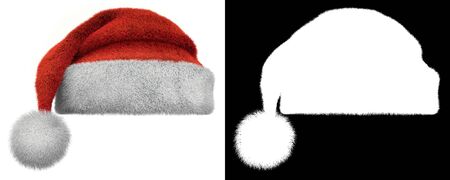 Christmas Santa Claus Furry Hat Isolated on White Background with Black and White Alpha Mask. 3D Illustration.の写真素材