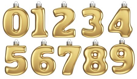 Gold Numbers Baubles Isolated on White Background. Christmas Decoration. 3D Illustration.の写真素材