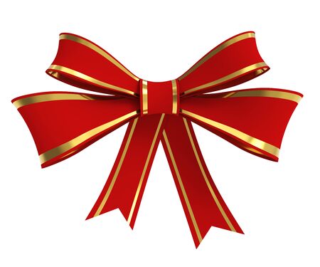 Red Ribbon Bow with Golden Stripes Isolated on White Background. Christmas Decoration. 3D Illustration.の写真素材