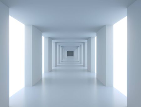 Abstract Long White Modern Corridor Illuminated with Side Gaps. Modern Interior Background. 3D Illustration.の写真素材
