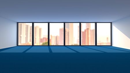 Large Empty Office Room with Blue Carpet Flooring and Panoramic Window. 3D Illustration.の写真素材