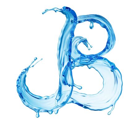 Clean Blue Water Splash Shaped in Form of Letter B Isolted on White Background. Drinking Water Advertising Design Template. 3D Illustration.の写真素材
