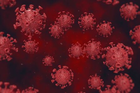 Coronavirus Agents Flow Abstract 3D Illustration. Medical Virus Background. COVID-19 Red Cell Objects.の写真素材
