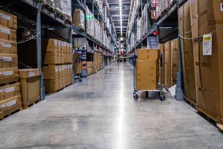 Samut Prakan ,Thailand - January 26,2020 : Warehouse aisle in an IKEA store. IKEA is the world's...