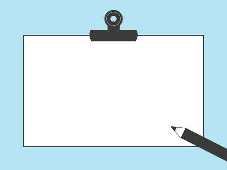 Illustration of memo paper, notebook, and frame (clip, pencil, monochrome, light blue background version).のイラスト素材