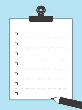 Illustration of memo paper, notebook, checklist and frame (clip,  pencil, monochrome, light blue background, portrait orientation version).のイラスト素材