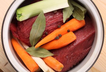 Pot with raw meat and vegetables の写真素材
