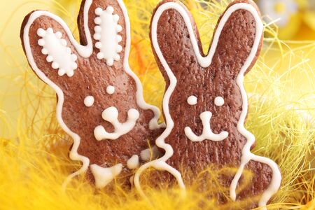 Close-up of Easter gingerbread cookies in bowl.