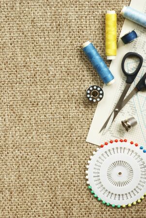 Fabrik, scisors ans sewing items with copy space の写真素材
