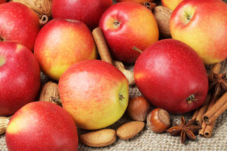 Apples, cinnamon sticks, nuts and anise の写真素材